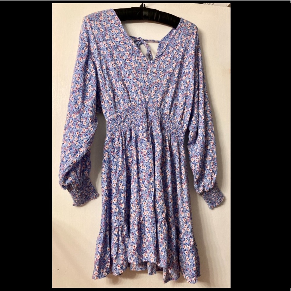 Floral long sleeve sun dress mini dress with tie back size small. Brand new!